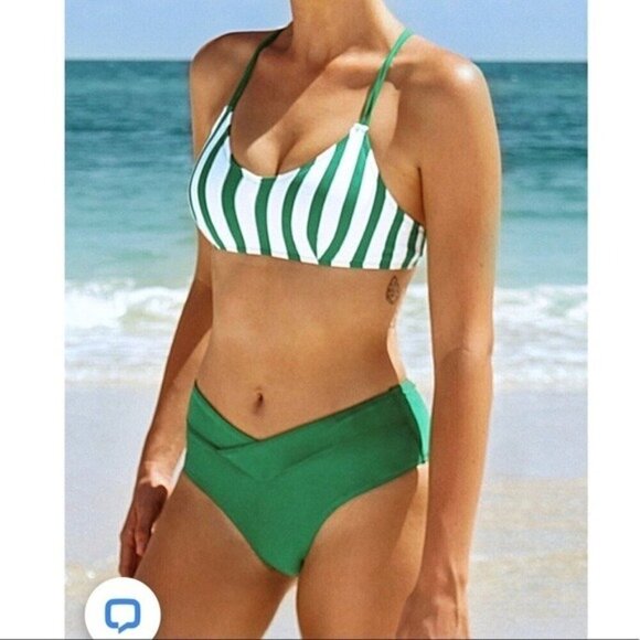 NEW Green White Stripe High Waisted Sporty Bikini Swim Set Size XS Bathing Suit - Picture 1 of 13